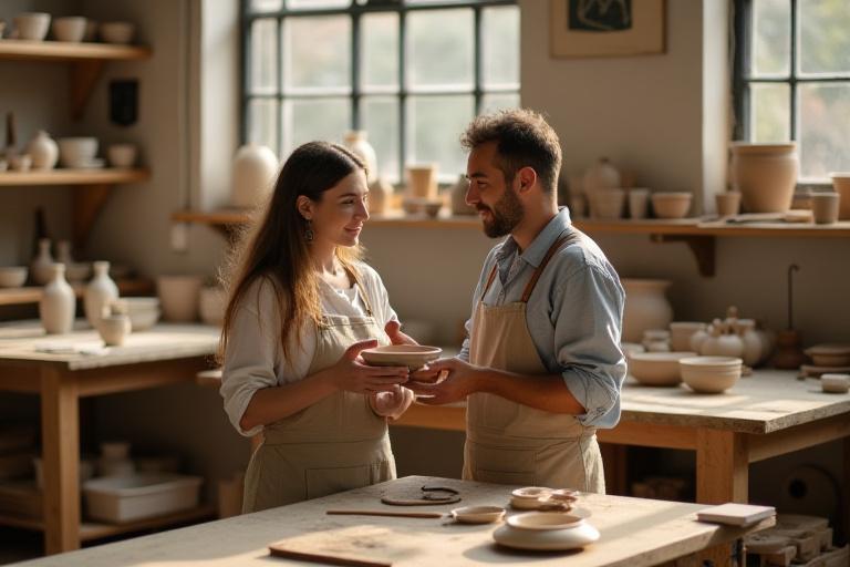 Founders discussing ceramics in a sunlit workshop, surrounded by beautifully crafted pieces.