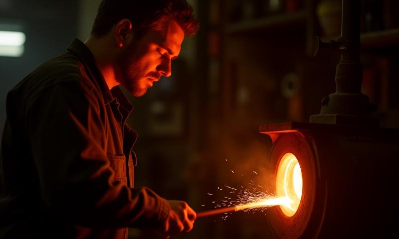 Artisan blowing molten glass into a delicate, unique shape for handcrafted glassware production. Lush Kiln services.